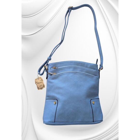 NWT   ALYSSA Triple Zip Pocket Dusty Blue Large Crossbody Bag - Picture 1 of 9